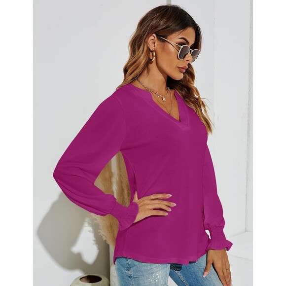 Romanstii Women's V-Neck Long Sleeve T-Shirt Style Top, Hot Pink, Small - Picture 3 of 12